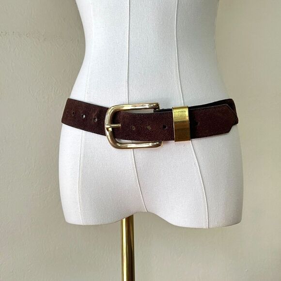 Elegant Accessories - 90s/Y2K Chocolate Brown Suede Belt Large Polished Gold-Tone Buckle Fits Size M/L